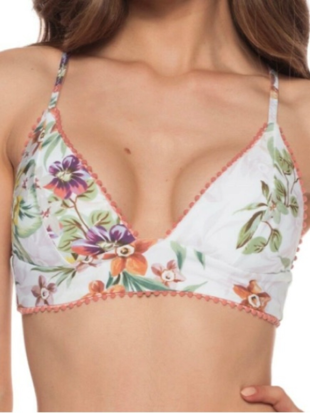 Floral Triangle Bralette Bikini Top - White with Multicolor Floral